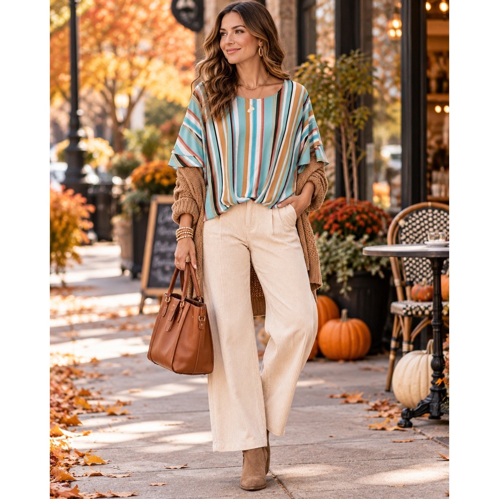 Womens Medium Striped Twist Front Flutter Sleeve Coastal Boho Blouse Fall Top